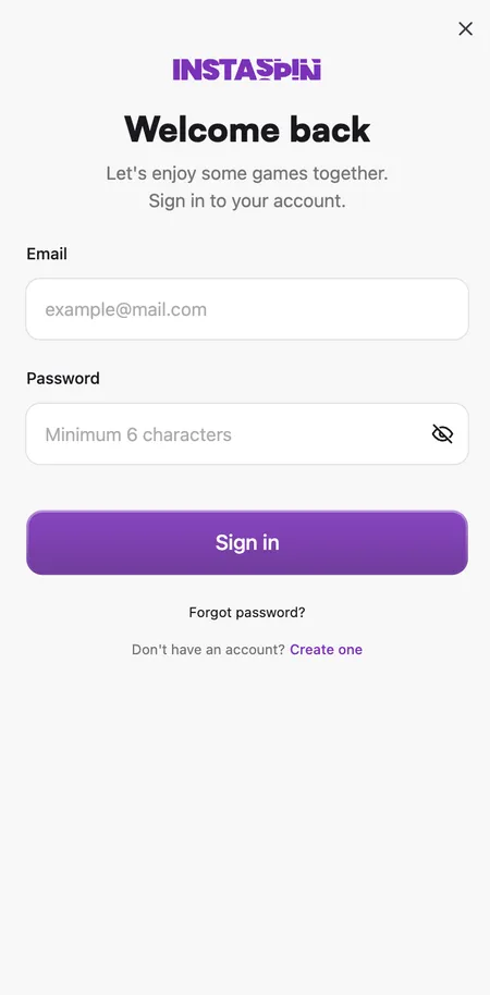 Insta Spin Sign In modal with email and password fields