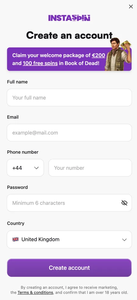 Insta Spin registration form with welcome offer