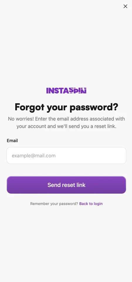 Insta Spin password reset screen